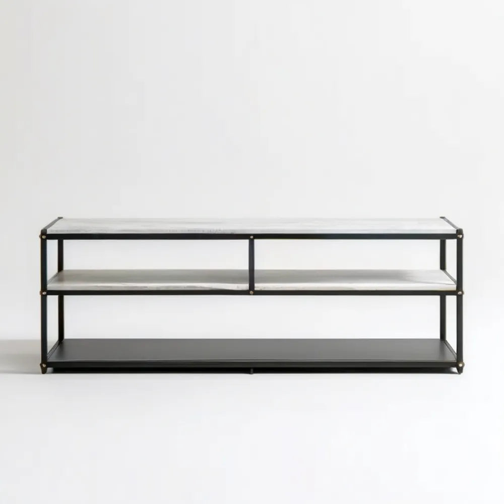 Szafka RTV z 3 półkami MDF i stali, czarno-biało-mosiężna, 160 x 40 x 60 cm