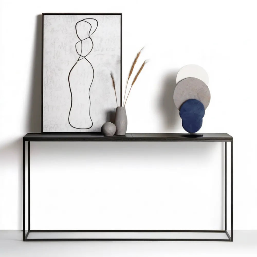 Czarna konsola minimalistyczna z blatem MDF i stalową ramą 120 x 30 x 80 cm