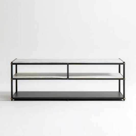 Szafka RTV z 3 półkami MDF i stali, czarno-biało-mosiężna, 160 x 40 x 60 cm