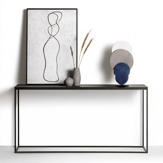 Czarna konsola minimalistyczna z blatem MDF i stalową ramą 120 x 30 x 80 cm