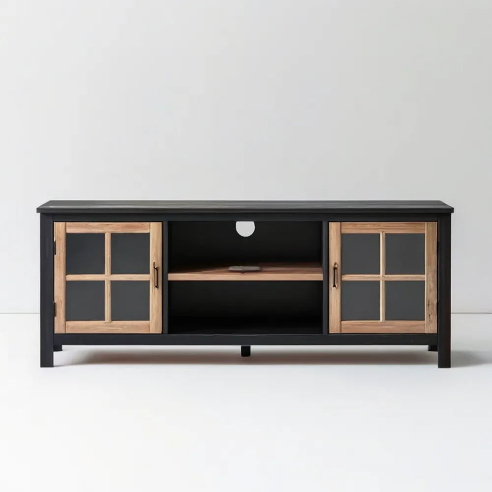 Szafka RTV czarna i jasnobrązowa z MDF oraz drewna sosnowego, 160 × 40 × 60 cm