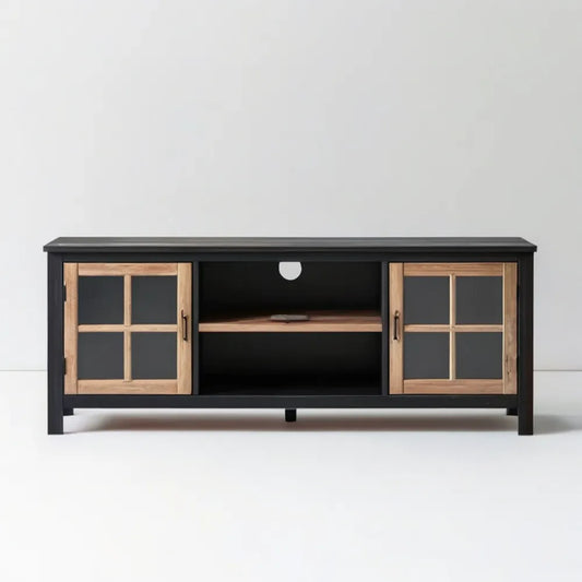 Szafka RTV czarna i jasnobrązowa z MDF oraz drewna sosnowego, 160 × 40 × 60 cm